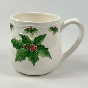 Vtg Mary Ann Baker Otagiri Raised Holly Berry Mug White Green Japan Ceramic 8oz